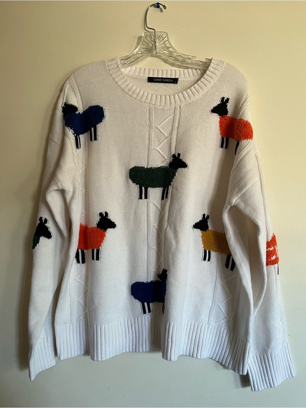 Gabby Isabella White Crewneck Sweater with Multicolor Sheep